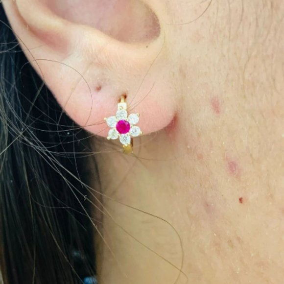 14K Yellow Gold Flowers Huggies Hoop Earrings Birthstones 11x13mm for Baby Girls - Picture 16 of 16